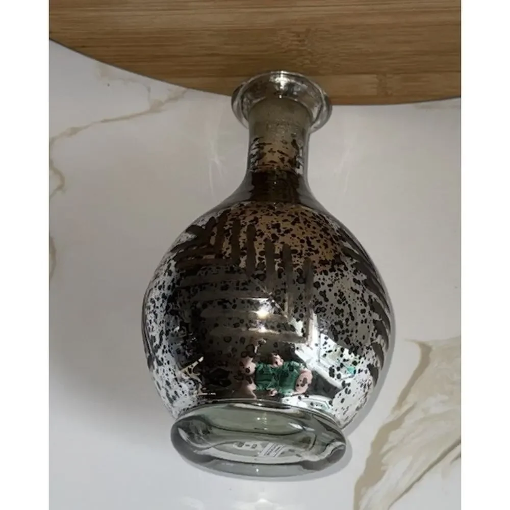 Vintage 2010’s Mercury Etched Leaf Glass Bottle Vase 4.5ʺW × 8.75ʺH India